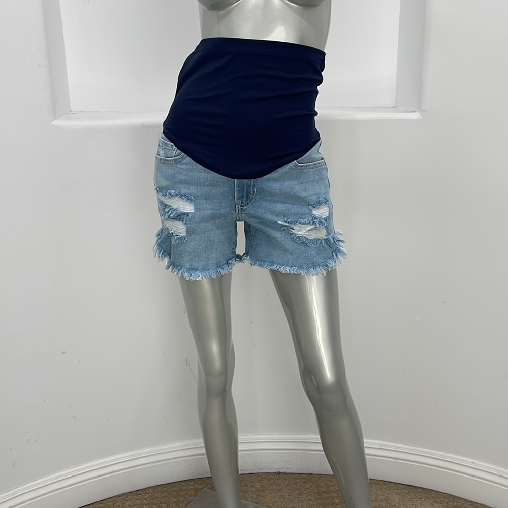 PinkBlush Distressed Maternity Denim Shorts Navy Blue